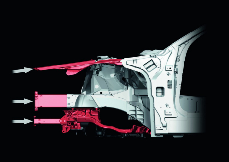 Load paths in the front section of the Audi A8: in a frontal impact, the energy is distributed