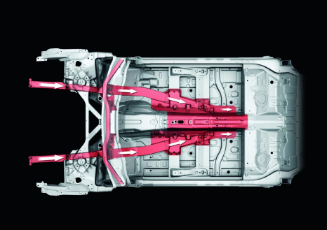 Load paths in the underfloor of the Audi A8: the longitudinal members converge with the center tunnel