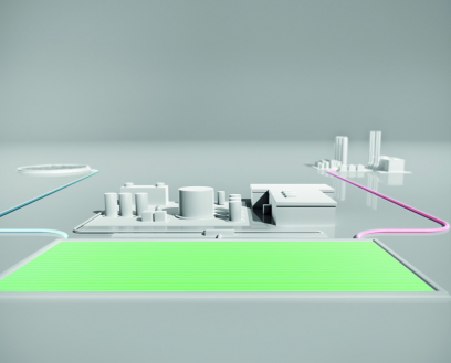 Production of e-ethanol and e-diesel with water supply, processing plant, basin for photosynthesis process, CO₂ supply